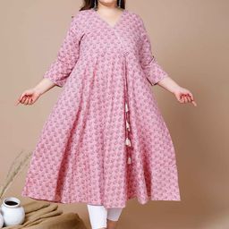MIRAVAN Plus Size Floral Printed Mukaish Anarkali Empire Pure Cotton Kurta-image-13