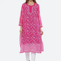 FAWOMENT Ethnic Motifs Embroidered Chikankari Georgette Kurta-picture-3
