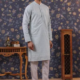 House of Pataudi Ethnic Motifs Printed Mandarin Collar Thread Work Cotton Straight Kurta-image-83