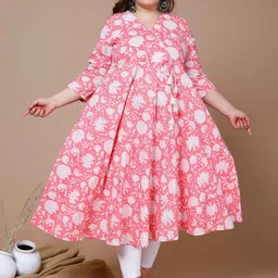 MIRAVAN Plus Size Floral Printed Mukaish Anarkali Empire Pure Cotton Kurta-image-18