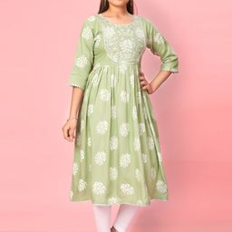 Sangria Girls Green Floral Printed Thread Work Round Neck Pure Cotton Anarkali Kurta-image-90