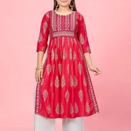 Sangria Girls Red Floral Printed Thread Work Cotton A-Line Kurta-picture-43