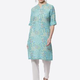 Rangriti Women Blue Floral Printed Keyhole Neck Kurta-image-78