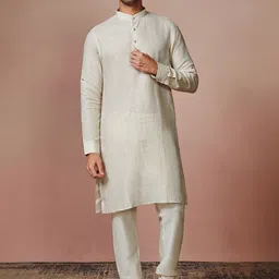 Manyavar Men Beige Striped Linen Kurta with Churidar-image-41