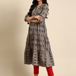 SHOWOFF Women Grey Ethnic Motifs Printed Chanderi Silk Kurta-picture-29
