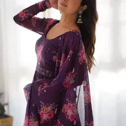 Krunal Raiyani Round Neck Floral Printed Anarkali Cotton Kurta with Dupatta-10