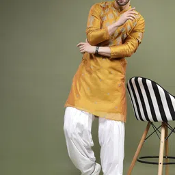 Sangria Mustard Ethnic Motifs Embroidered Thread Work Mandarin Collar Straight Kurta-54