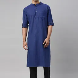 Kryptic Men Blue Mandarin Collar Pure Cotton Kurta-image-17