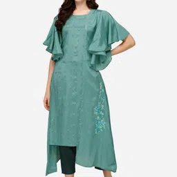 Pure 9 Women Teal Floral Embroidered Flared Sleeves Thread Work Silk Kurta-image-30