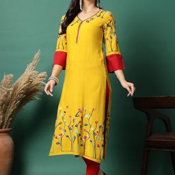 Sangria Floral Embroidered Round Neck Straight Kurta-picture-22