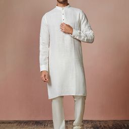 Manyavar Men Cream-Coloured Striped Linen Kurta with Churidar-44