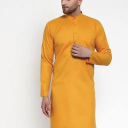 Jompers Men Mustard Yellow Cotton Blend Pathani Kurta-image-11