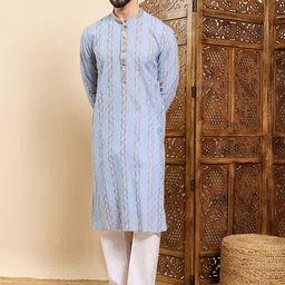 House of Pataudi Geometric Woven Design Mandarin Collar Straight Kurta-picture-10