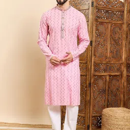 House of Pataudi Geometric Woven Design Mandarin Collar Straight Kurta-picture-19