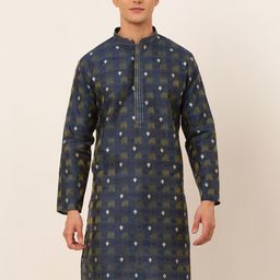 Jompers Men Navy Blue Mandarin Collar Thread Work Checked Jacquard Kurta-image-10