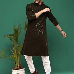 Sangria Olive Chikankari Embroidered Sequined Pure Cotton Straight Kurta-picture-34