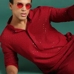 Sangria Maroon Ethnic Motifs Embroidered Sequinned Chikankari Cotton Kurta-picture-52