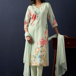 Indo Era Floral Printed Regular Linen Straight Kurta With Trousers & Dupatta-26