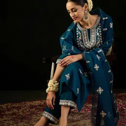 Indo Era Ethnic Motifs Embroidered Gotta Patti Straight Kurta With Trousers & Dupatta-picture-29