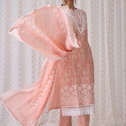 Indo Era Floral Embroidered Notched Neck Cotton Straight Kurta with Trousers & Dupatta-picture-23
