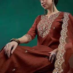 Indo Era Ethnic Motifs Embroidered Regular Liva Zari Kurta With Trousers & Dupatta-44