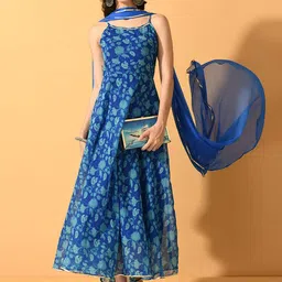 Sangria Floral Printed Fit & Flare Midi Ethnic Dress With Dupatta-image-33