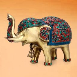 CraftVatika Multicolor Brass Turquoise Work Elephant Figurine Trunk up Statue-image-86