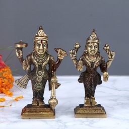 Aapno Rajasthan Set Of 2 Brown & Gold-Toned Handcrafted Lord Vishnu Goddess Laxmi Statues-16