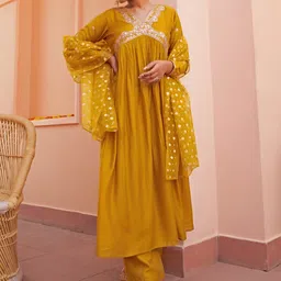 Janasya Thread Work Chanderi Silk Kurta & Palazzos With Dupatta image 1