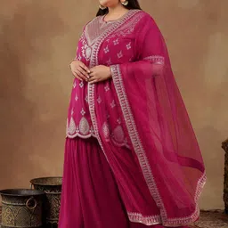 INDDUS PLUS Plus Size Embroidered Sequin Georgette Straight Kurta With Sharara & Dupatta image 5