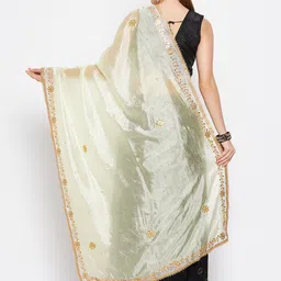 Clora Creation Cream-Coloured & Gold-Toned Embroidered Dupatta with Beads and Stones image 5