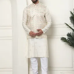 SOJANYA Embroidered Thread Work Cotton Silk Kurta With Churidar & Nehru Jacket-14
