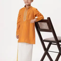 Ramraj Boys Solid Regular Thread Work Kurta with Veshti image 2