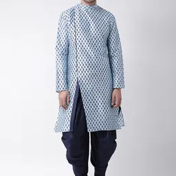 DEYANN Men Blue Ethnic Motifs Printed Angrakha Dupion Silk Kurta with Patiala-picture-43