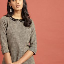 Taavi Women Black & Beige Woven Legacy Straight Sustainable Kurta with Peter Pan Collar-image-34