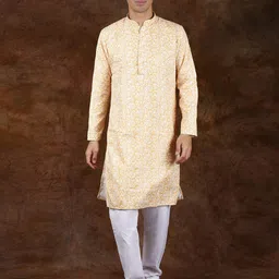 Exotic India Men Ethnic Motifs Printed Mandarin Collar Pure Cotton Kurta with Pyjamas-image-13