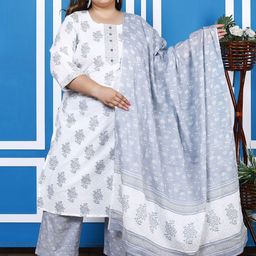 KALINI Plus Size Floral Printed Pure Cotton Kurta With Palazzos & Dupatta-25
