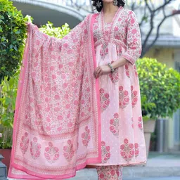 KALINI  Floral Printed Empire Sequinned Anarkali Pure Cotton Kurta ,Trousers &  Dupatta-29