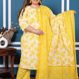 KALINI Plus Size Floral Printed Pure Cotton Straight Kurta with Palazzos & Dupatta-picture-24