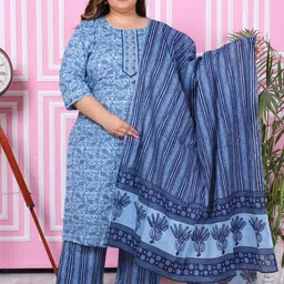 KALINI Plus Size Floral Printed Pure Cotton Straight Kurta with Palazzos & Dupatta-image-49