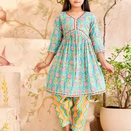 BAESD Girls Floral Printed Pleated Gotta Patti Pure Cotton A-Line Kurta With Trouser-image-58