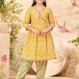 BAESD Girls Floral Printed Pleated Gotta Patti Pure Cotton A-Line Kurta With Trouser-image-51
