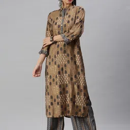 SHOWOFF Women Brown Ethnic Motifs Printed Beads and Stones Kurta with Palazzos-image-98