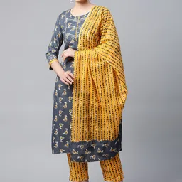 MEERA FAB Women Charcoal Grey Ethnic Printed Pure Cotton Kurta with Palazzos & Dupatta-46