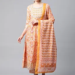 MEERA FAB Women Cream-Coloured & Orange Printed Pure Cotton Kurta with Palazzos & Dupatta-picture-11