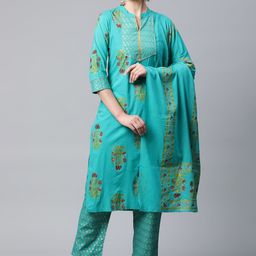 MEERA FAB Women Sea Green Ethnic Motifs Printed Pure Cotton Kurta with Trousers & Dupatta-image-66