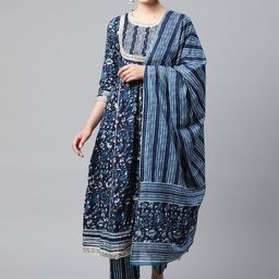 MEERA FAB Women Navy Blue Ethnic Motifs Sequinned Cotton Kurta with Palazzos & Dupatta-7