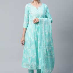 MEERA FAB Women Sea Green Floral Printed Gotta Patti Cotton Kurta with Palazzos & Dupatta-image-81
