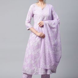 MEERA FAB Women Lavender Floral Printed Pure Cotton Kurta with Palazzos & Dupatta-24