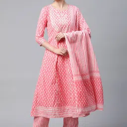MEERA FAB Women Pink Ethnic Motifs Printed Gotta Patti Cotton Kurta Trousers & Dupatta-31